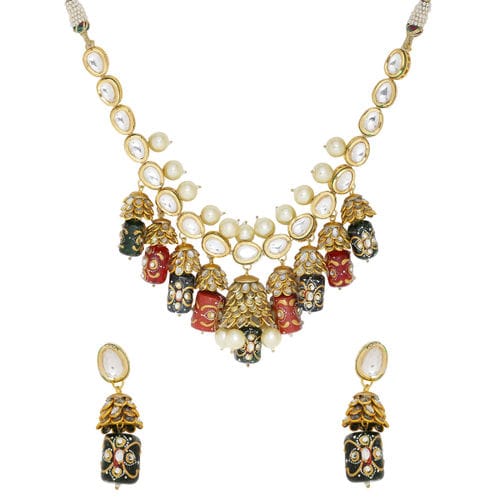 Gold Plated Kundan Polki Necklace Set - Image 4