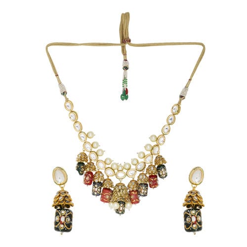 Gold Plated Kundan Polki Necklace Set - Image 3