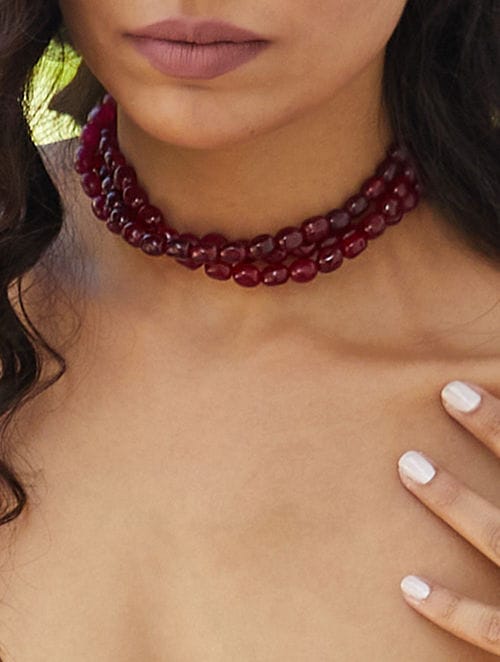 Red Tumble Stone Studded Beaded Choker Necklace - Image 2