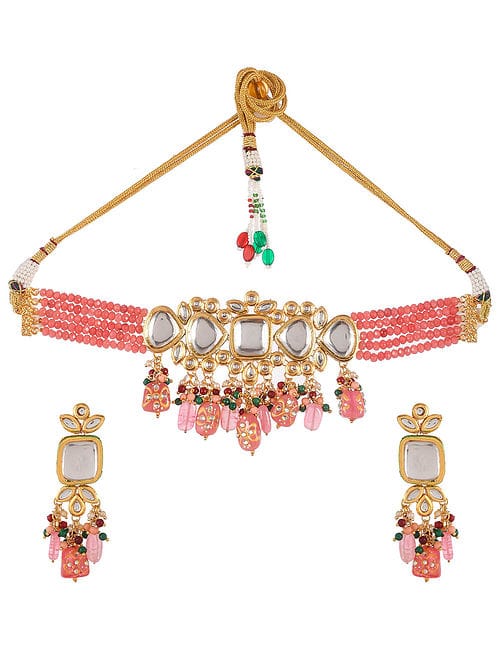 Jadau Kundan Necklace & Earrings Set - Image 3