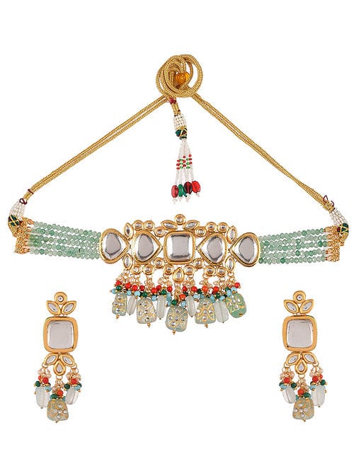 Jadau Kundan Necklace & Earrings Set - Image 3