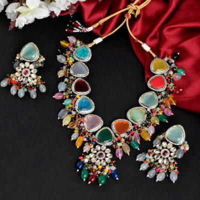 Jadau & Beaded Necklace & Earrings Set