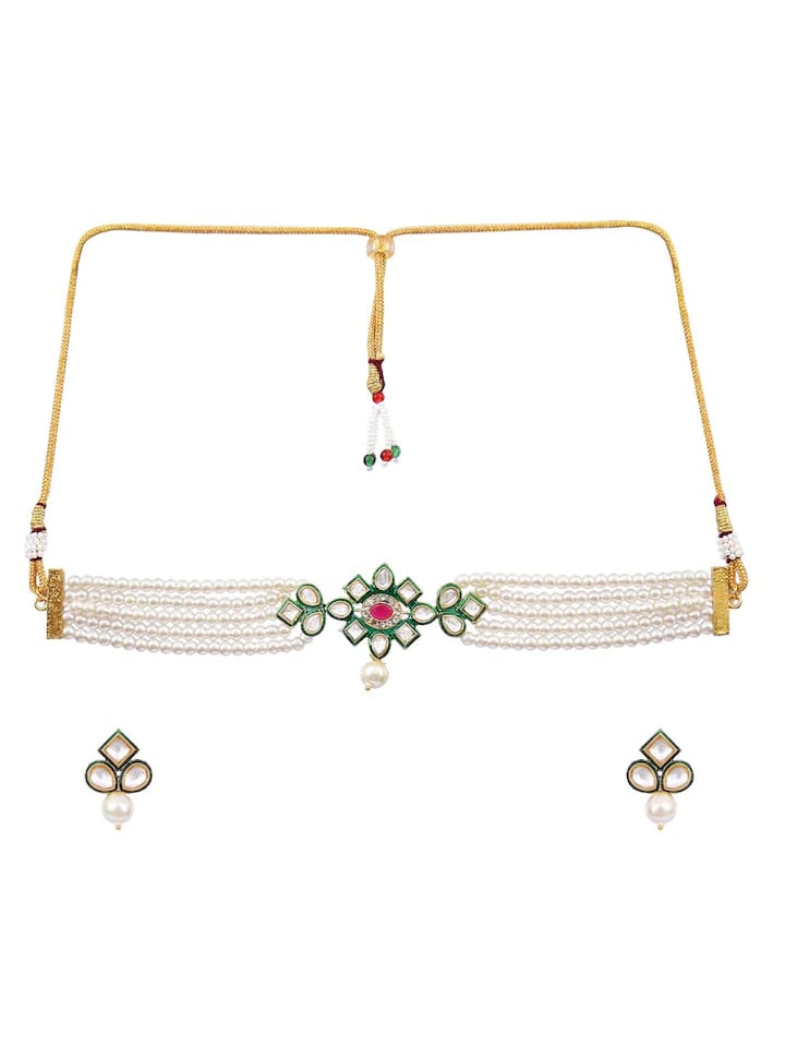 White Stone With Gold Tone Kundan Choker Necklace Set - Image 3