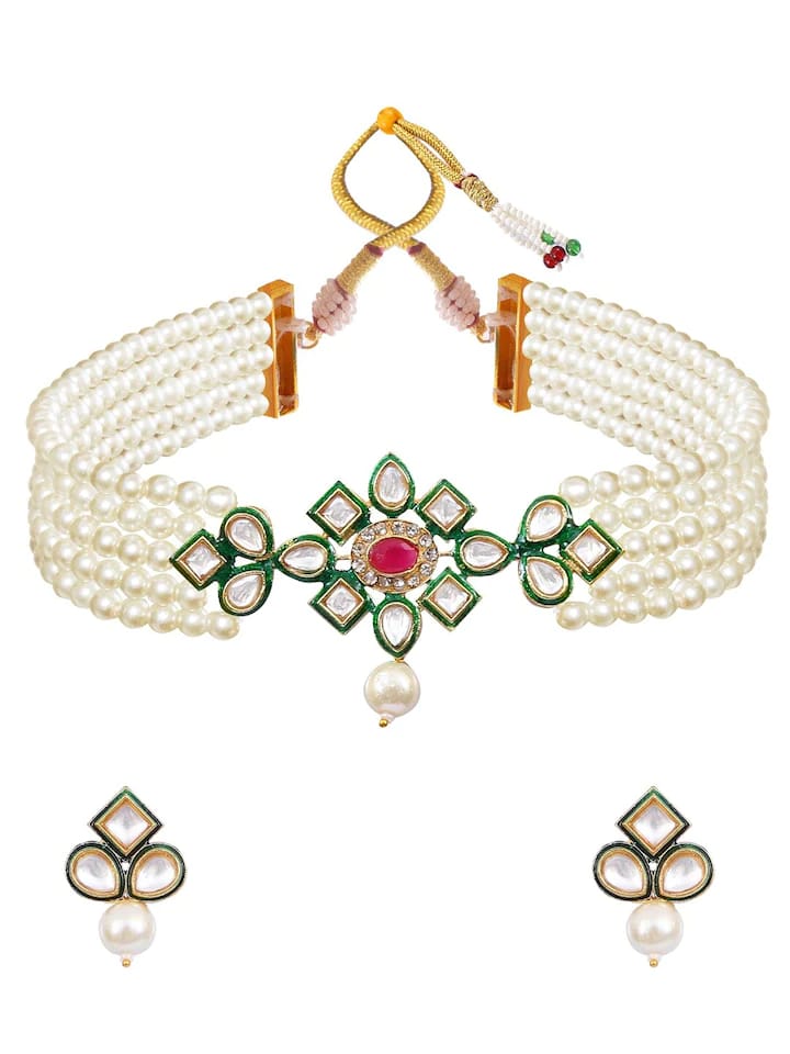White Stone With Gold Tone Kundan Choker Necklace Set - Image 2