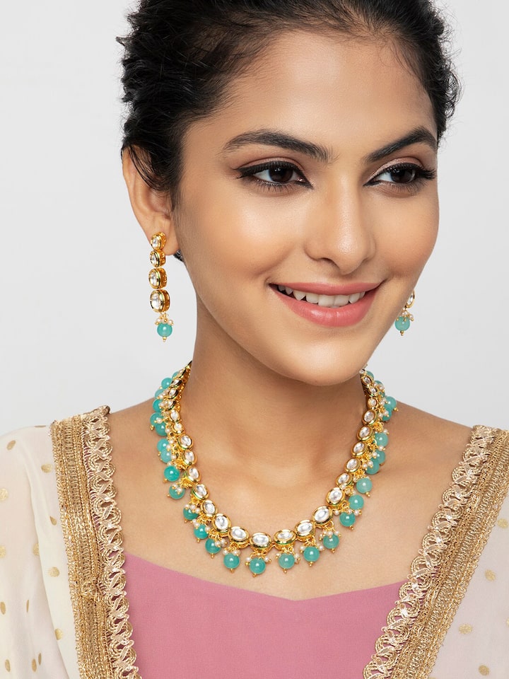 Green Stone With Gold Tone Kundan Choker Necklace Set - Image 2