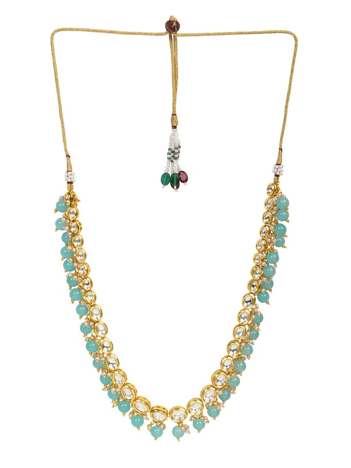Green Stone With Gold Tone Kundan Choker Necklace Set - Image 3