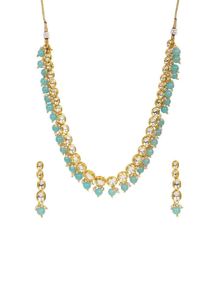 Green Stone With Gold Tone Kundan Choker Necklace Set - Image 4