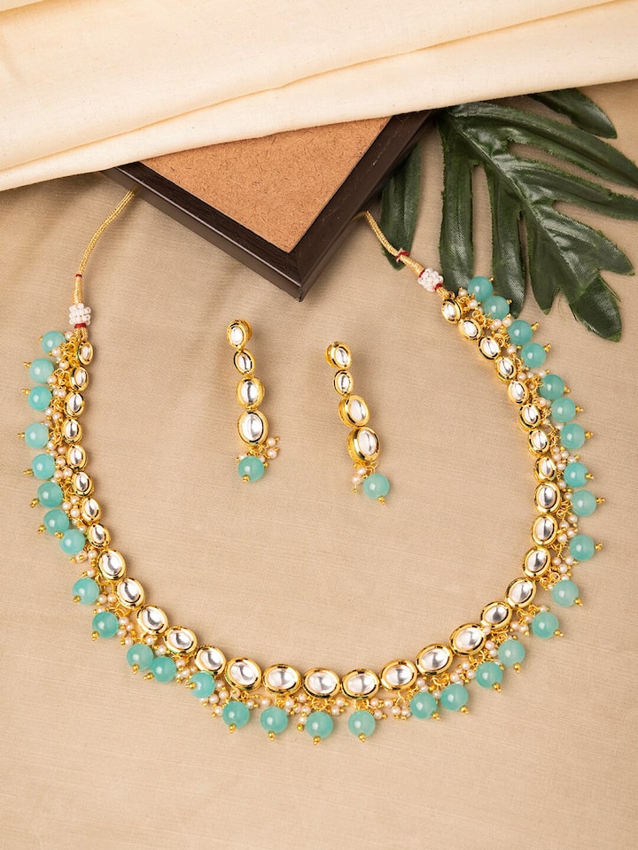 Green Stone With Gold Tone Kundan Choker Necklace Set