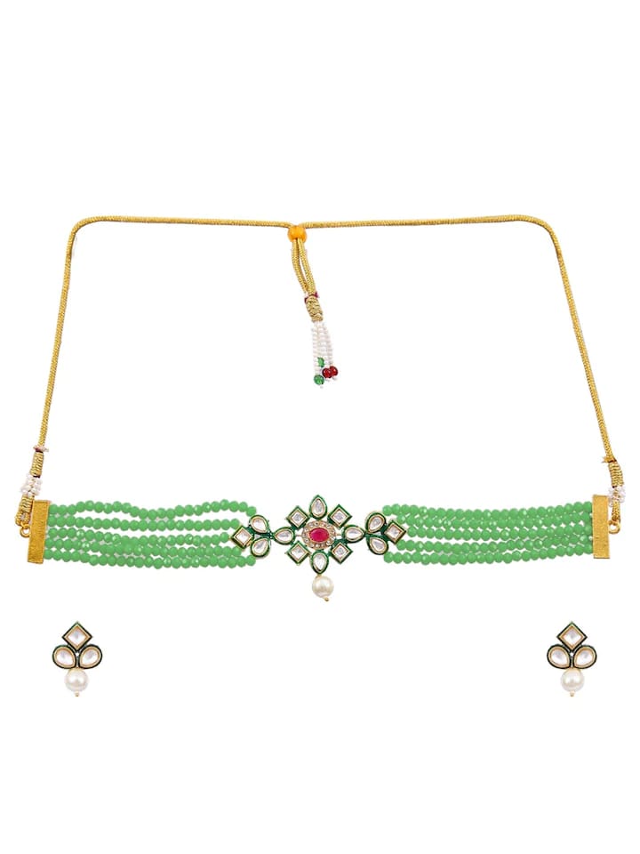 Green Stone With Gold Tone Kundan Choker Necklace Set - Image 2