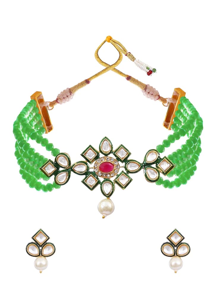 Green Stone With Gold Tone Kundan Choker Necklace Set - Image 3