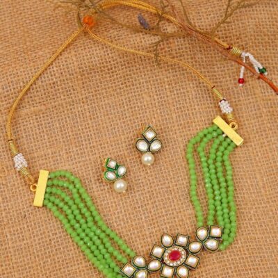 Green Stone With Gold Tone Kundan Choker Necklace Set