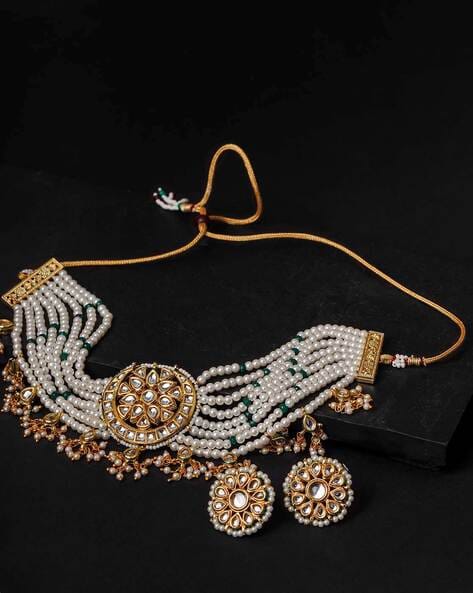 Gold Tone Kundan Choker Necklace Set - Image 2