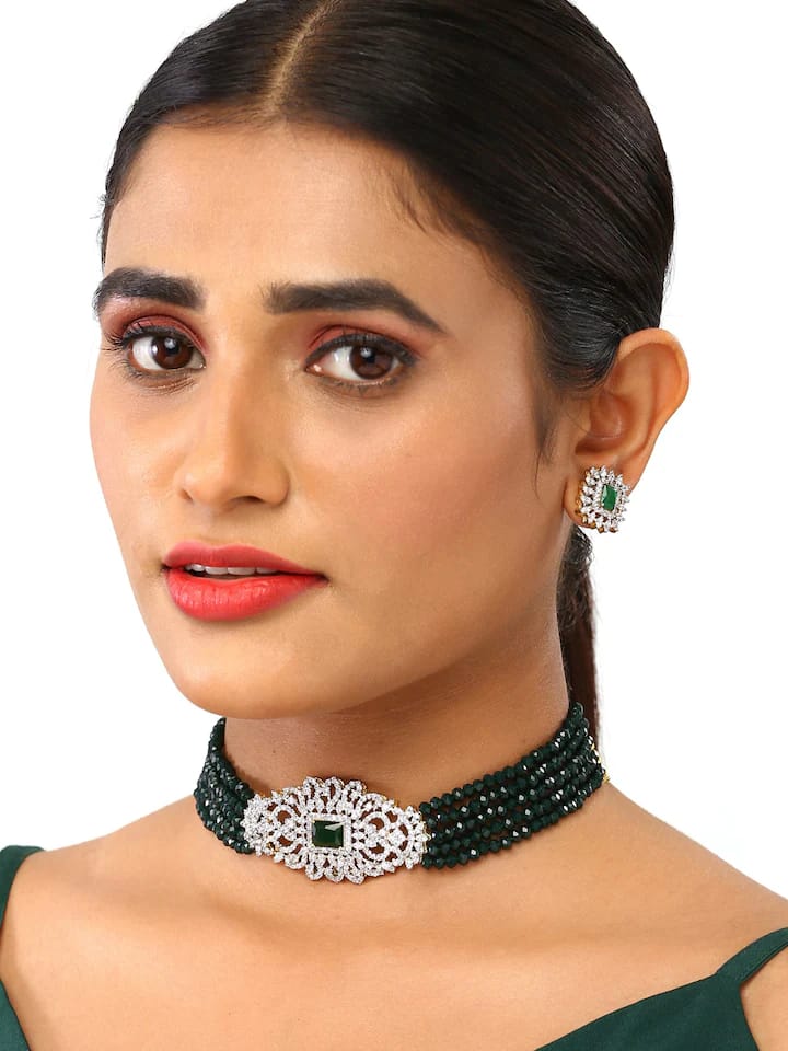 Green Stone With Silver Tone Ad Necklace Set - Image 2