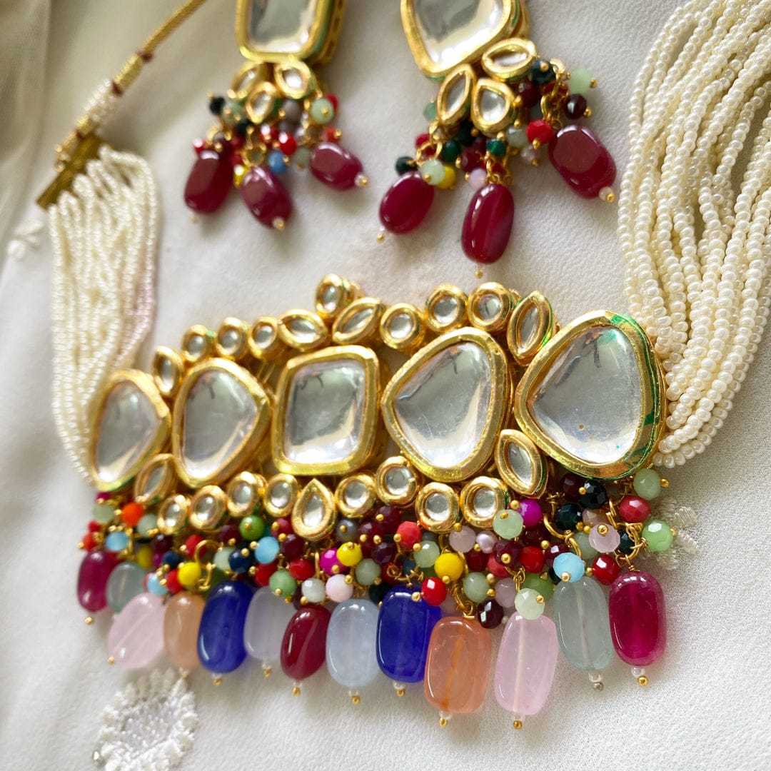 Multi Stone With Gold Tone Kundan Choker Necklace Set - Image 5