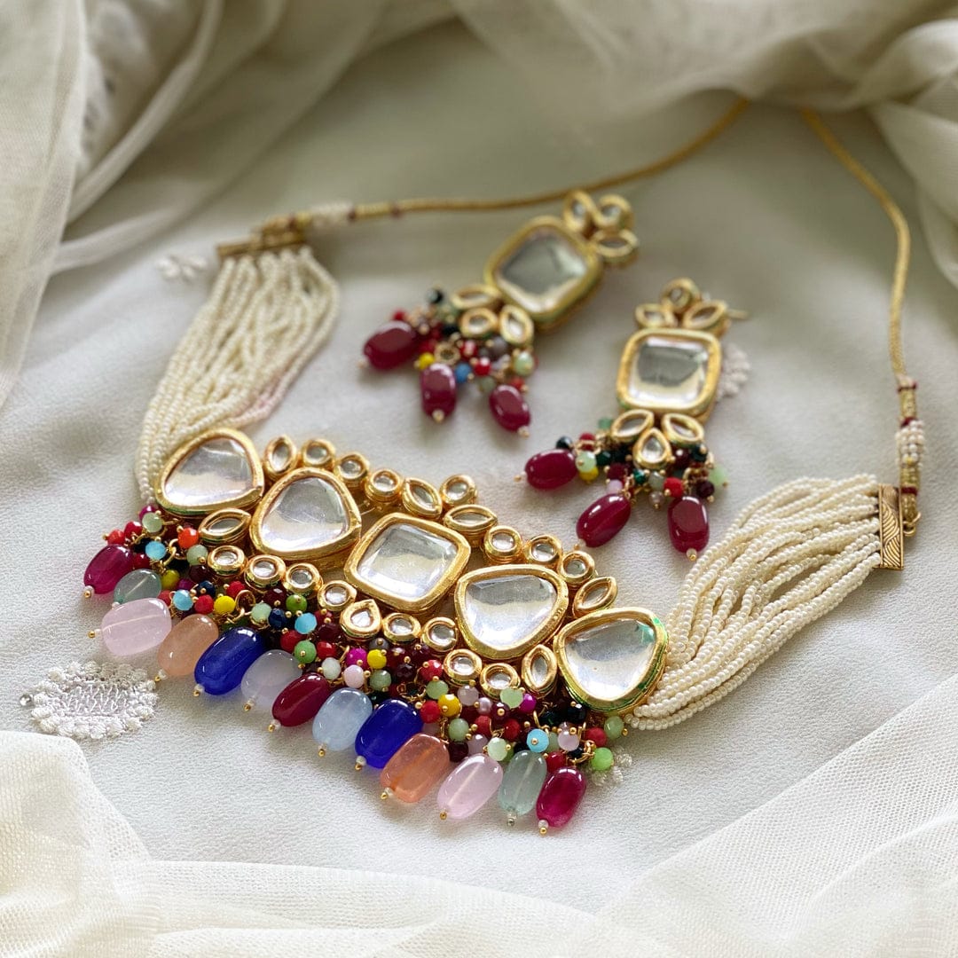 Multi Stone With Gold Tone Kundan Choker Necklace Set - Image 2