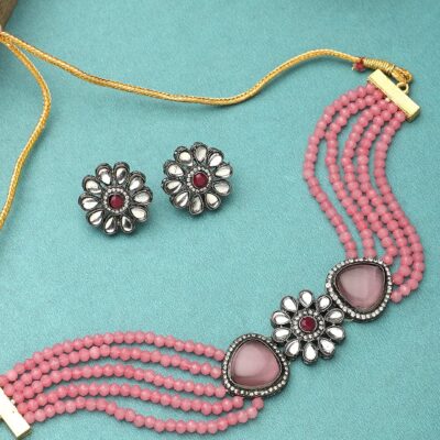 Pink Stone With Silver Tone Ad Necklace Set