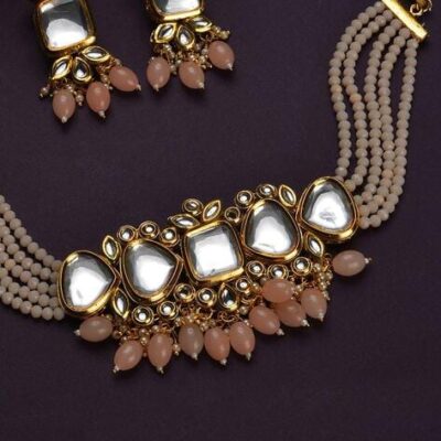 Gold-Plated Kundan-Studded Necklace & Earrings Set