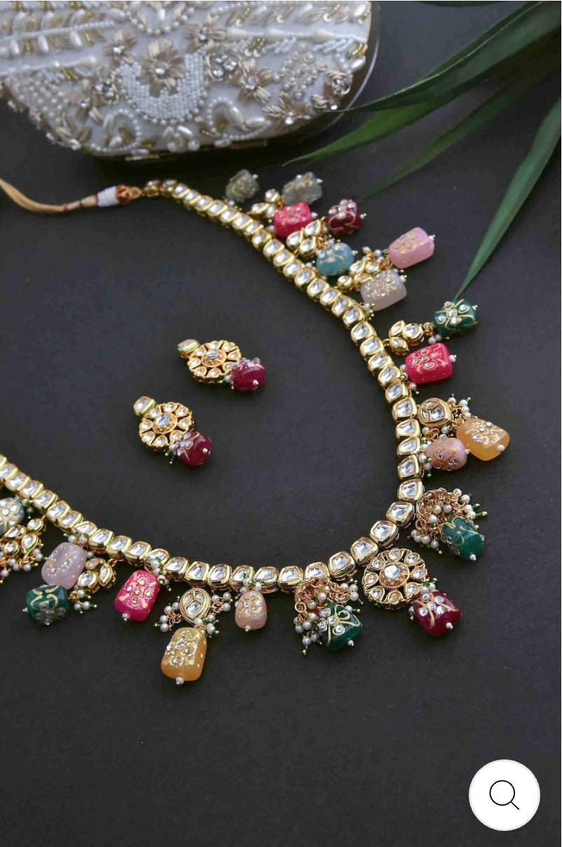 Gold-Plated Kundan-Studded Necklace & Earrings Set - Image 5