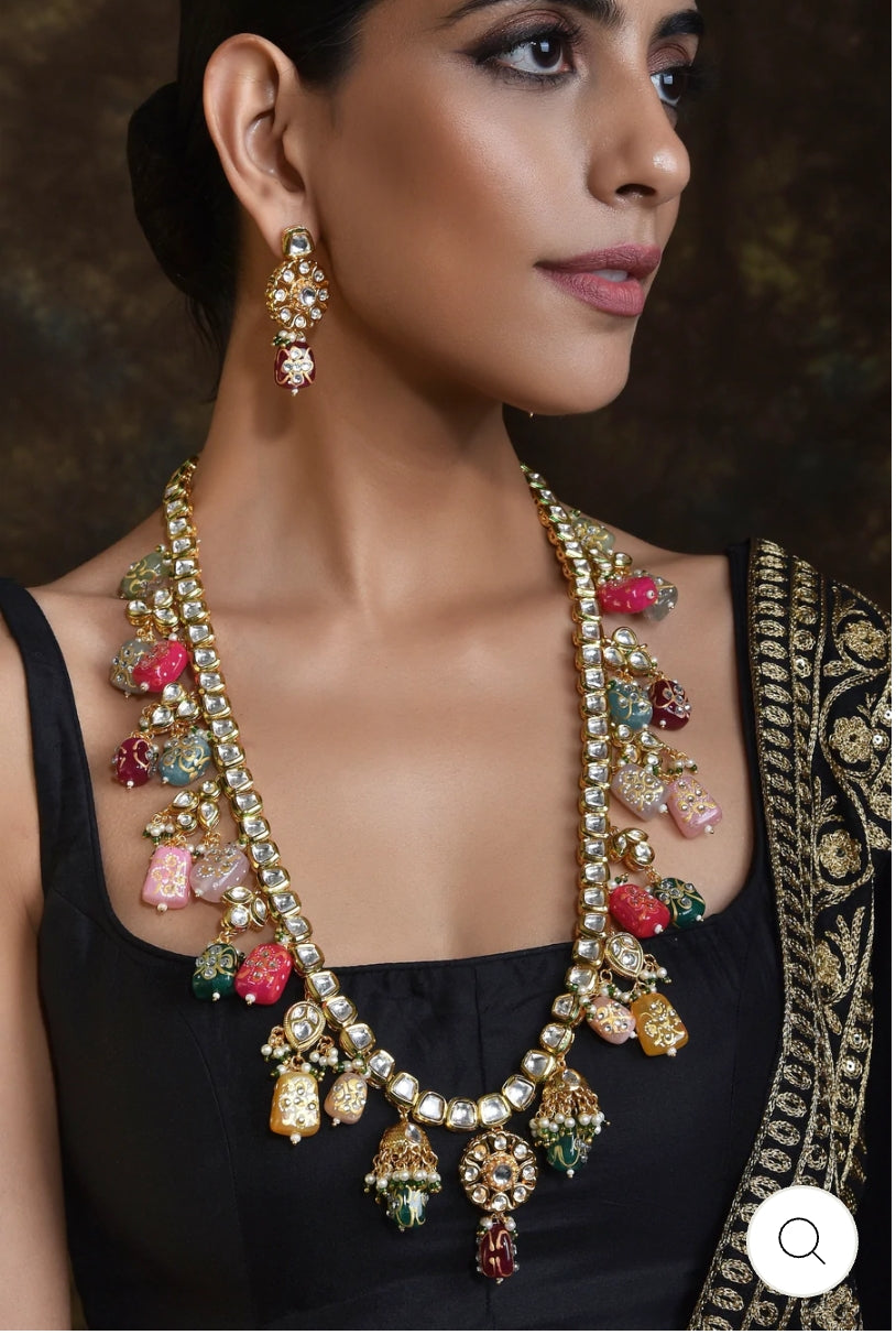Gold-Plated Kundan-Studded Necklace & Earrings Set - Image 4