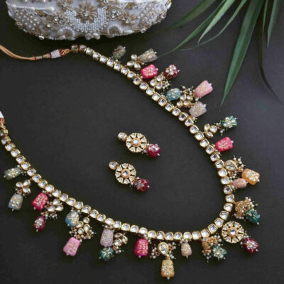 Gold-Plated Kundan-Studded Necklace & Earrings Set