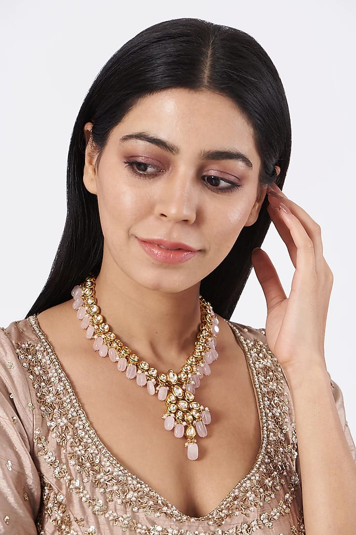 Gold-Plated Kundan-Studded Necklace & Earrings Set - Image 2