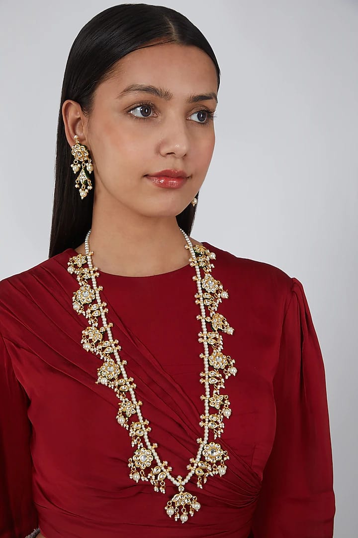Gold-Plated Kundan-Studded Necklace & Earrings Set - Image 2