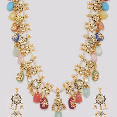 Gold-Plated Kundan-Studded Necklace & Earrings Set