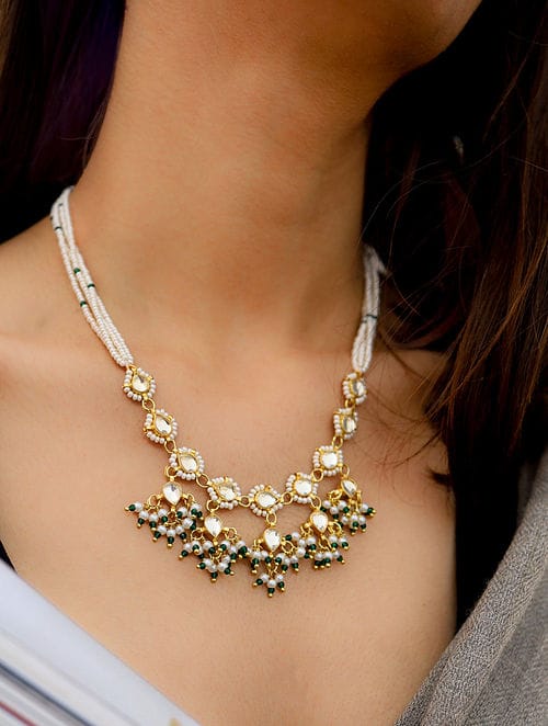 Green Kundan And Pearls Necklace