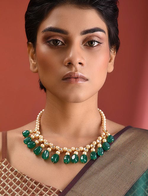 Gold-Plated Kundan-Studded Necklace & Earrings Set