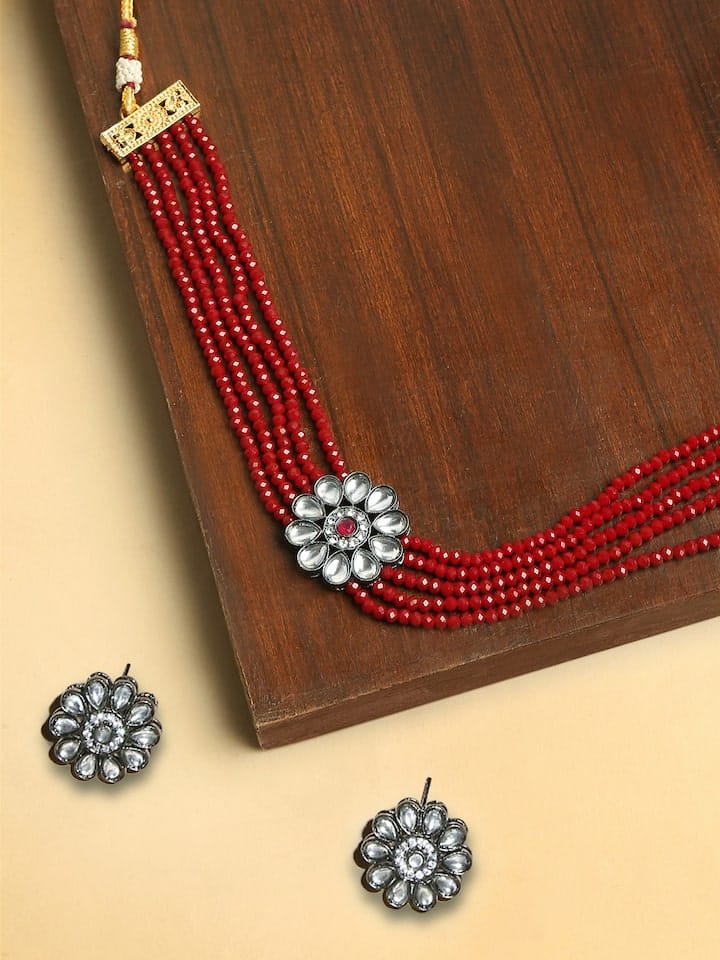 Red Maroon Beads With Kundan Multi Layer Ethnic Choker Necklace Set