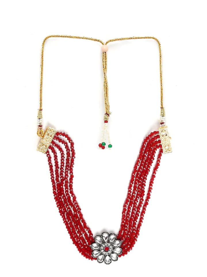 Red Maroon Beads With Kundan Multi Layer Ethnic Choker Necklace Set - Image 6