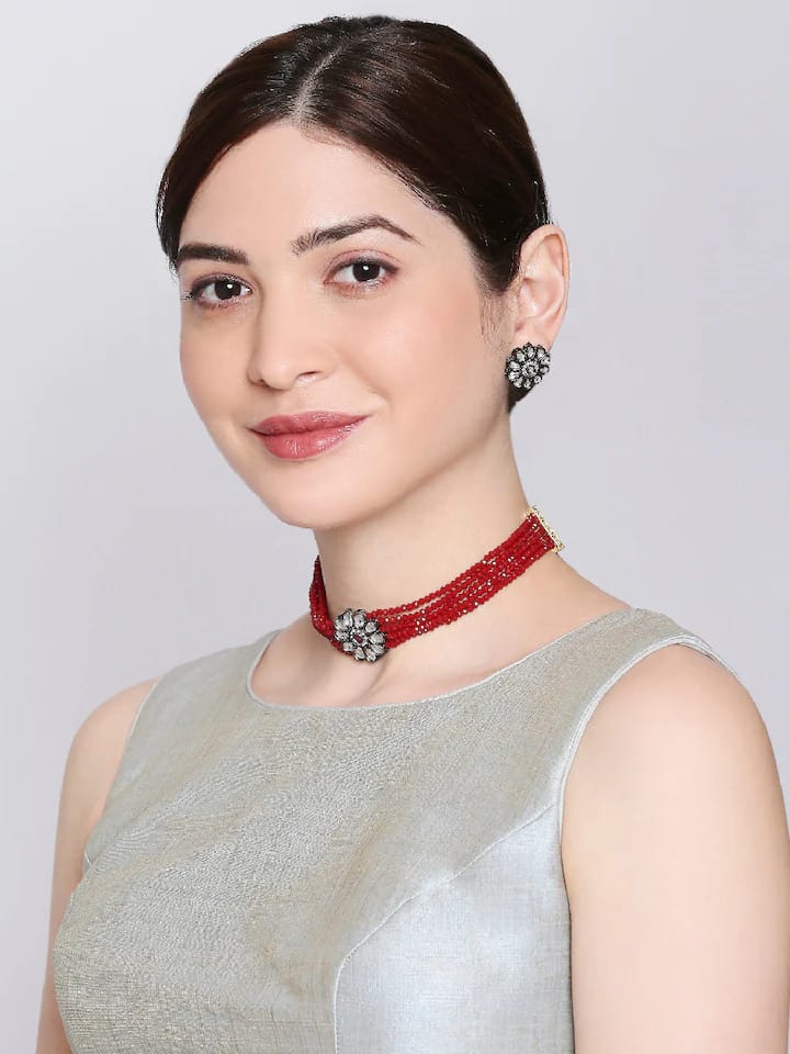 Red Maroon Beads With Kundan Multi Layer Ethnic Choker Necklace Set - Image 2