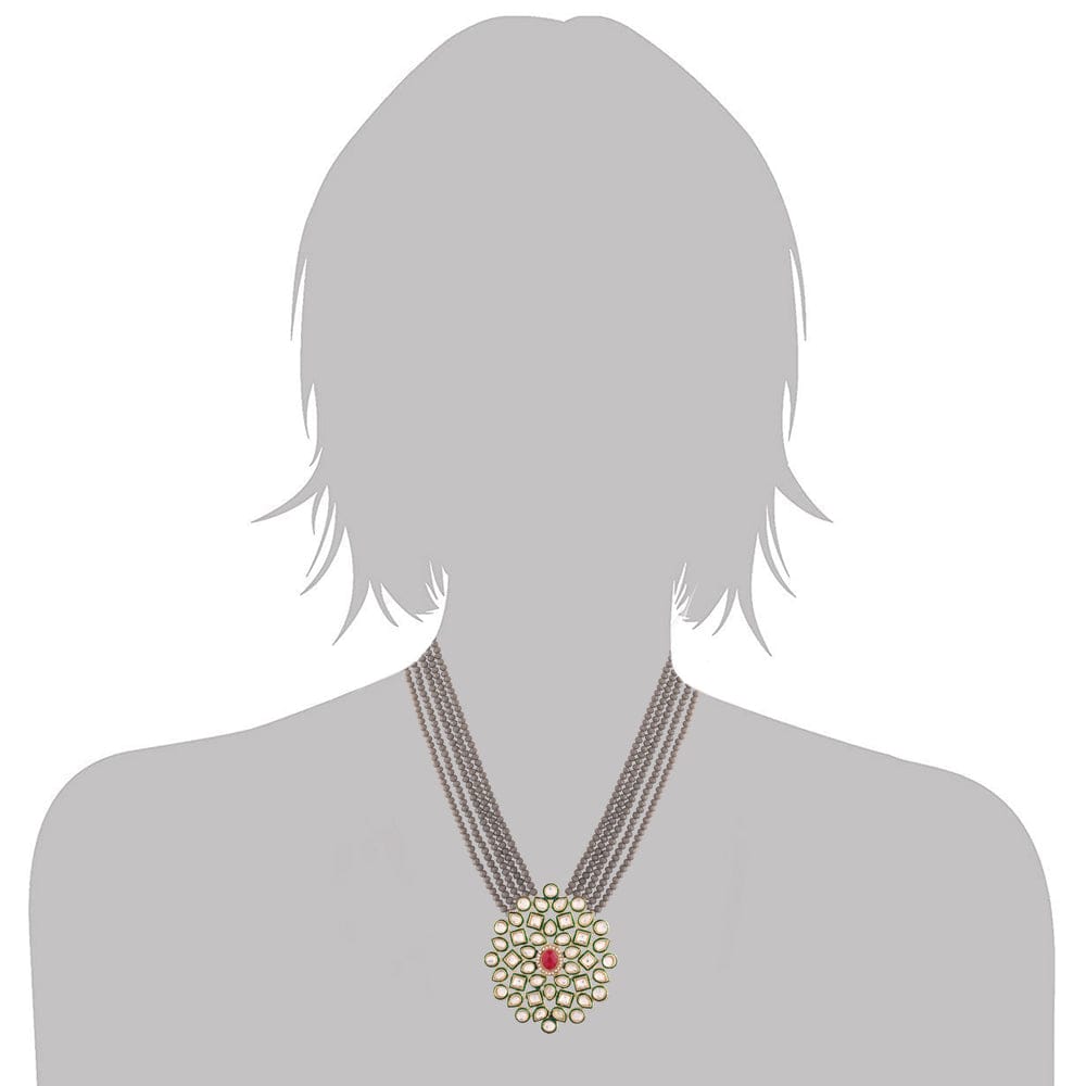 Gray Beads With Kundan Multi Layer Ethnic Choker Necklace Set - Image 4