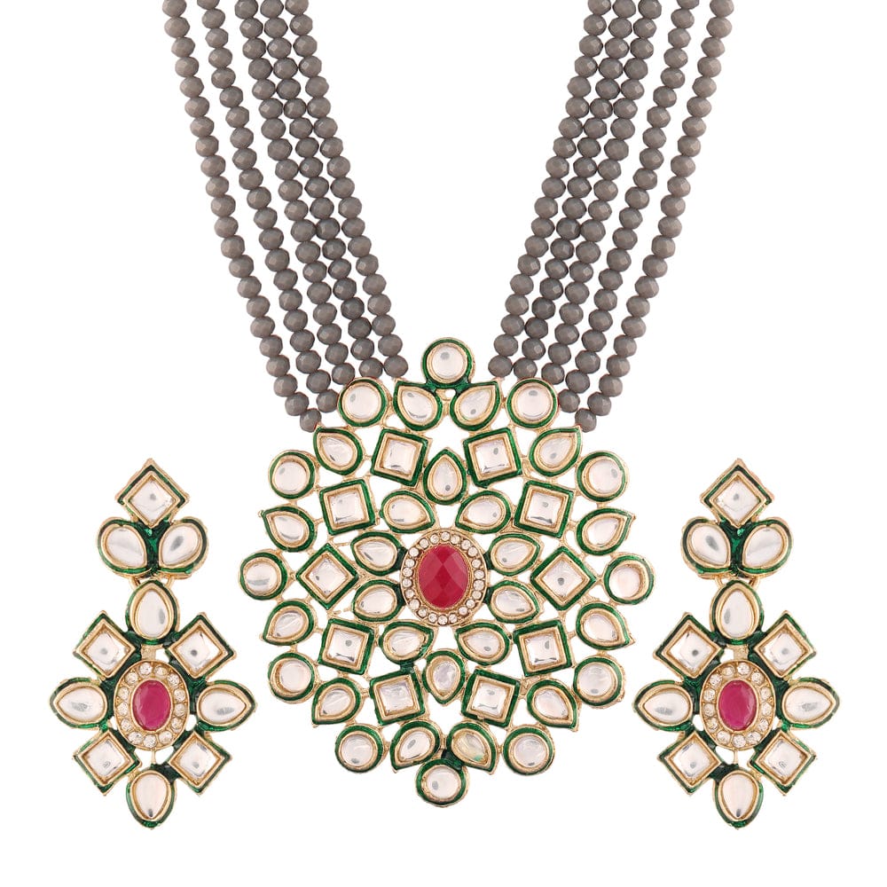 Gray Beads With Kundan Multi Layer Ethnic Choker Necklace Set - Image 3