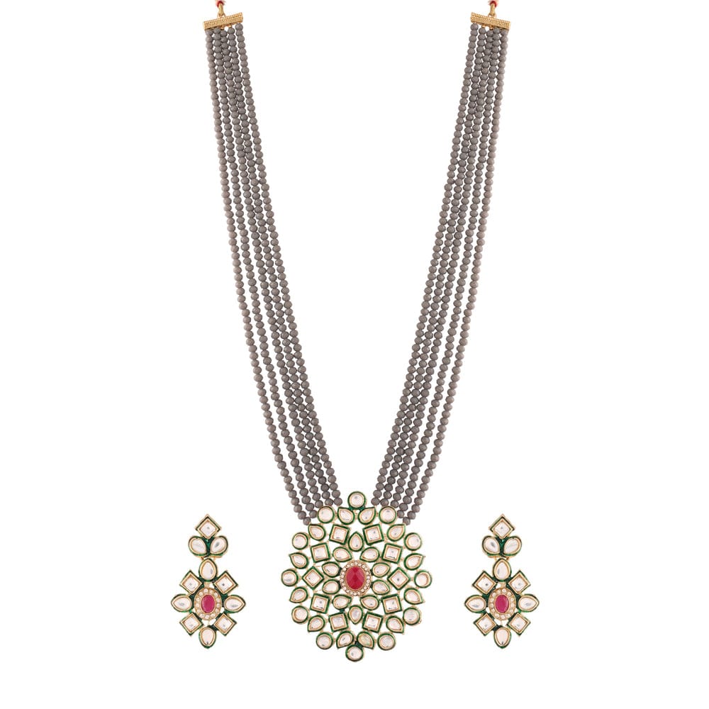 Gray Beads With Kundan Multi Layer Ethnic Choker Necklace Set - Image 5