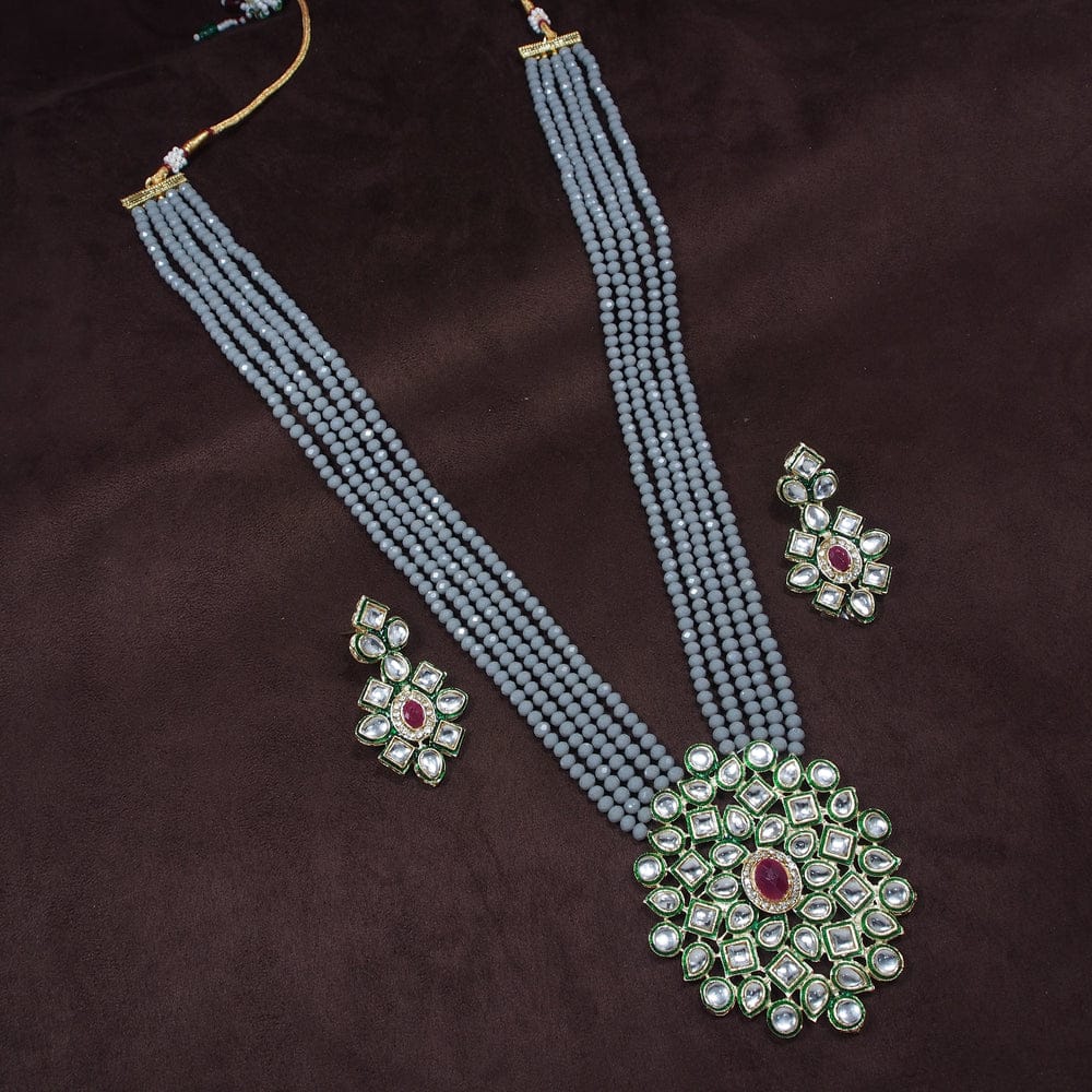Gray Beads With Kundan Multi Layer Ethnic Choker Necklace Set