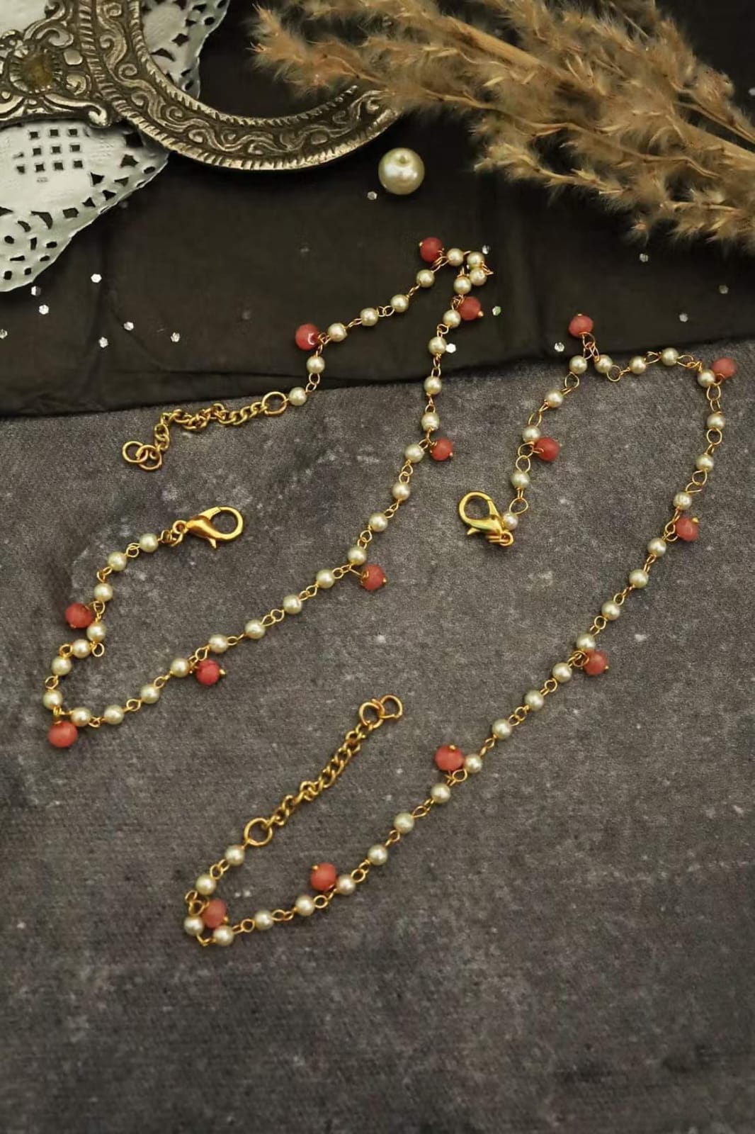 Gold-Plated & White Peral Set Of 2 Anklets - Image 2
