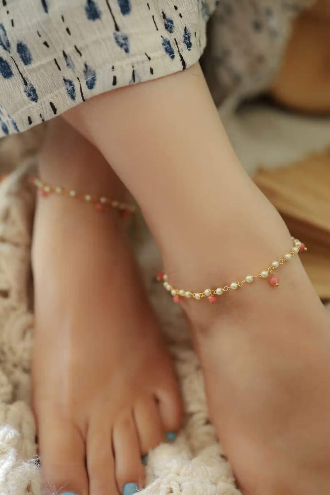 Gold-Plated & White Peral Set Of 2 Anklets