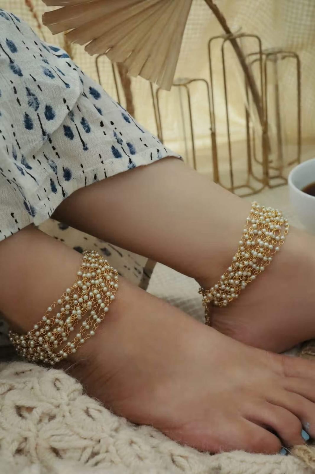 Gold-Plated & White Peral Set Of 2 Anklets - Image 4