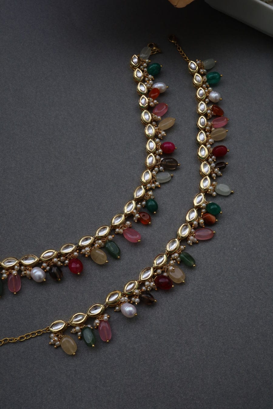 Gold-Plated & White Kundan Set Of 2 Anklets - Image 3