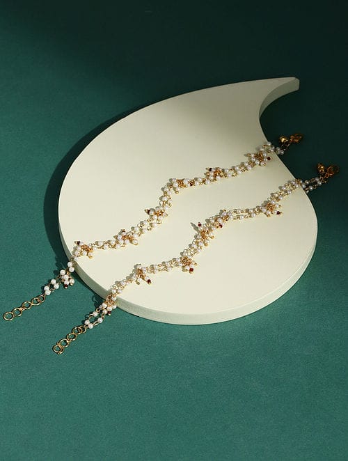 Gold Plated Pearl Tasselled Payal - Image 2