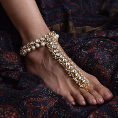 Gold Plated Kundan Pearl Tasselled Payal