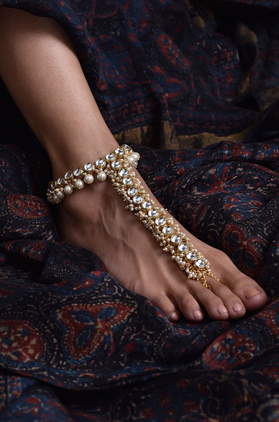Gold Plated Kundan Pearl Tasselled Payal