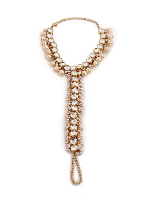 Gold Plated Kundan Pearl Tasselled Payal - Image 5