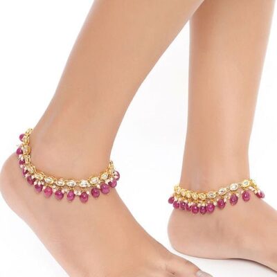 Gold Plated Kundan Pearl Tasselled Payal