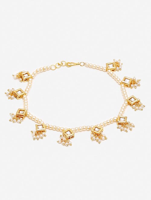 Gold Plated Kundan Pearl Tasselled Payal - Image 3