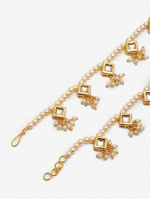 Gold Plated Kundan Pearl Tasselled Payal - Image 4