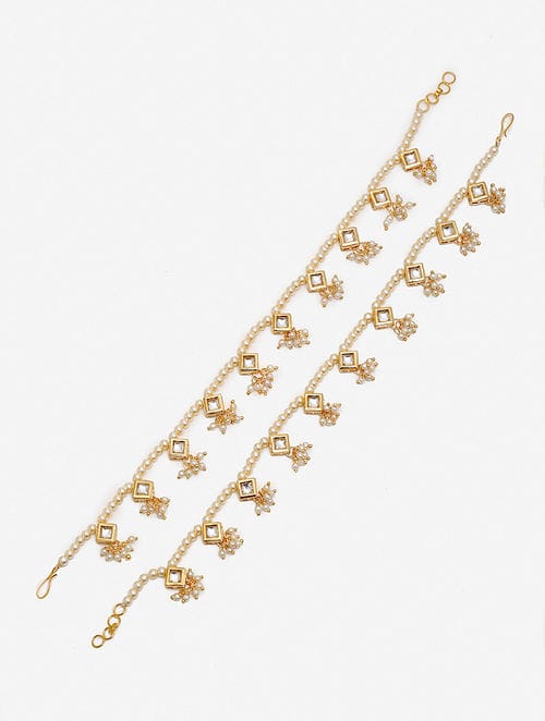 Gold Plated Kundan Pearl Tasselled Payal - Image 6