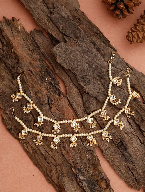 Gold Plated Kundan Pearl Tasselled Payal - Image 2