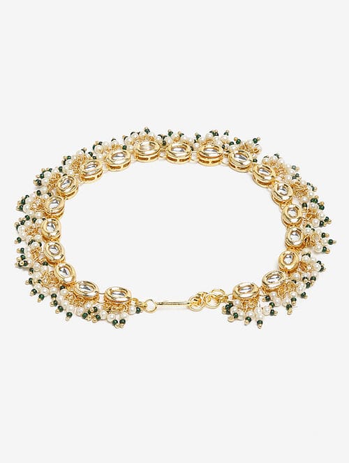 Gold Plated Kundan Pearl Tasselled Payal - Image 4